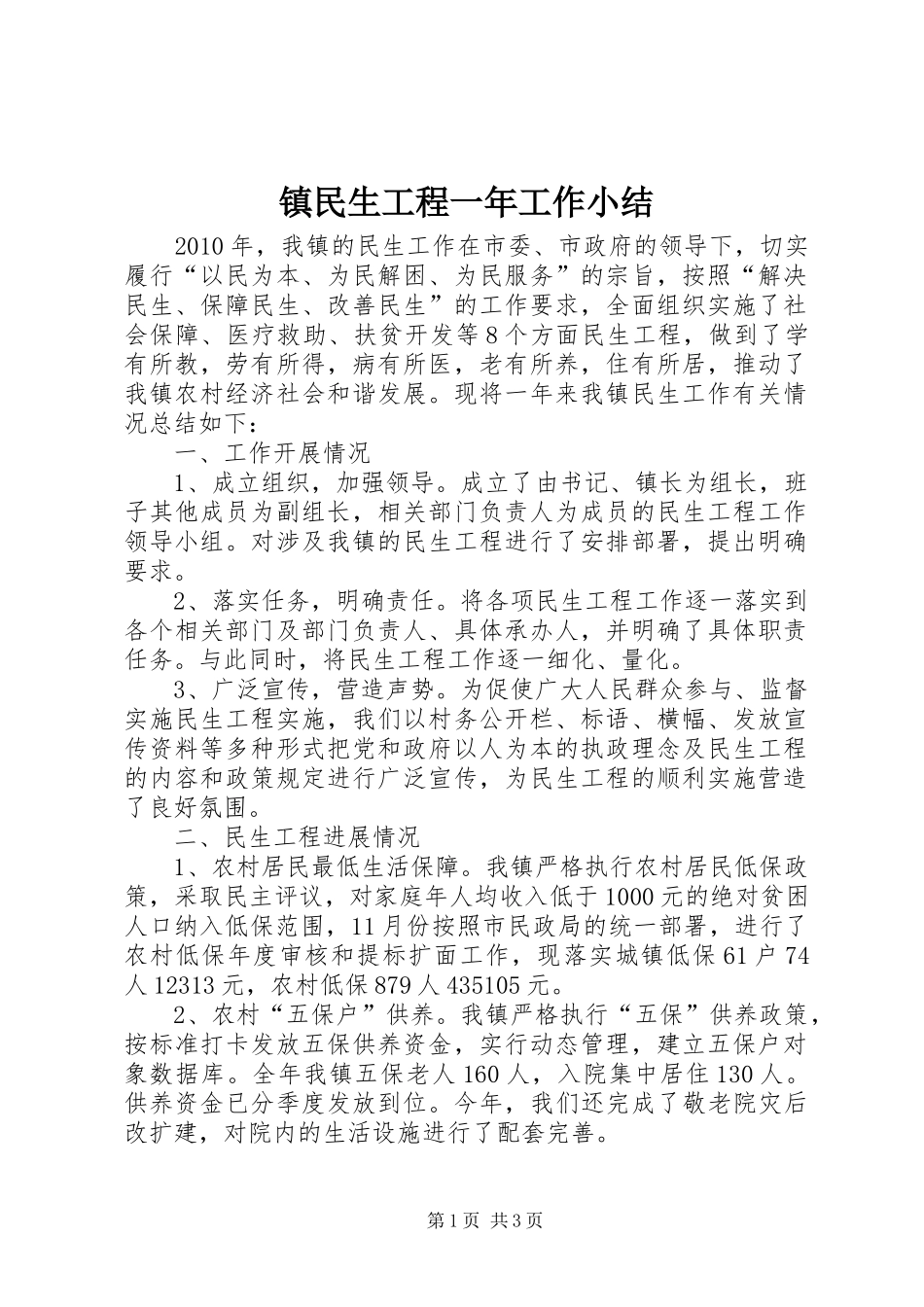 镇民生工程一年工作小结_第1页