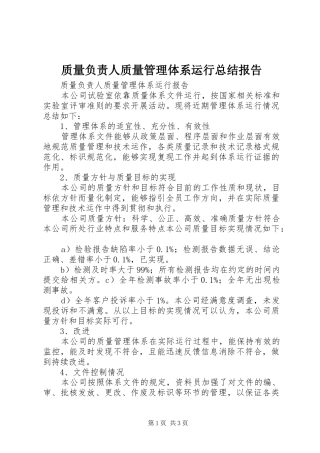 质量负责人质量管理体系运行总结报告