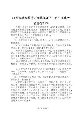 XX县民政局整改实施方案落实及“三百”实践活动情况汇报