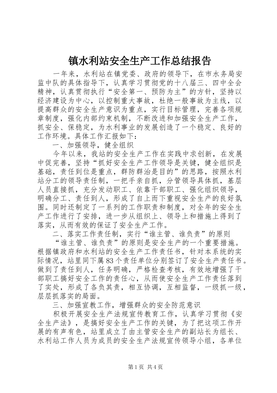 镇水利站安全生产工作总结报告_第1页