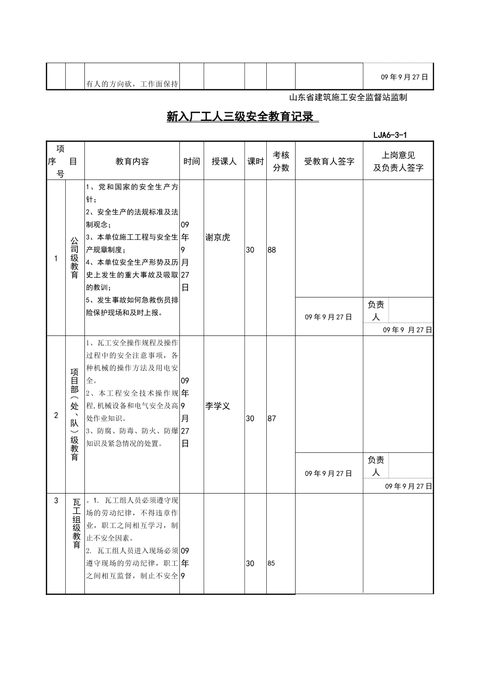 新入厂工人三级安全教育记录瓦工_第3页