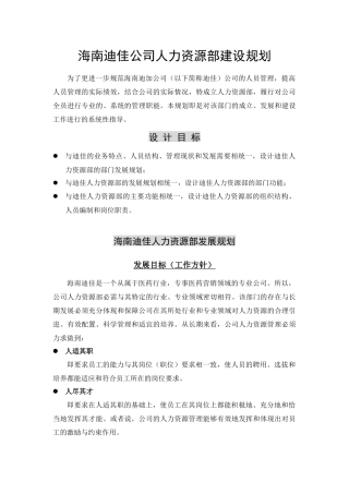 海南迪佳公司人力资源部建设规划