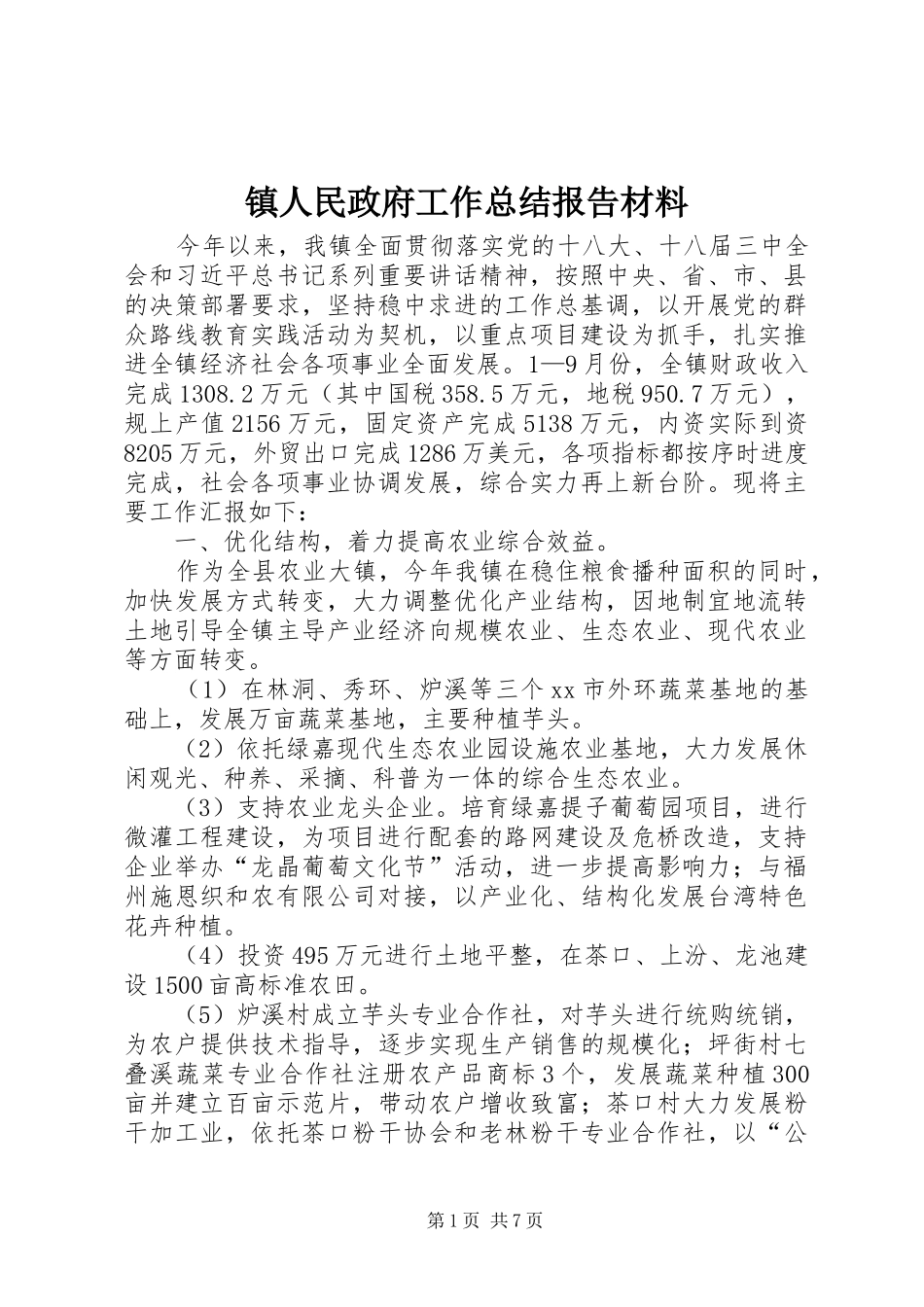 镇人民政府工作总结报告材料_第1页