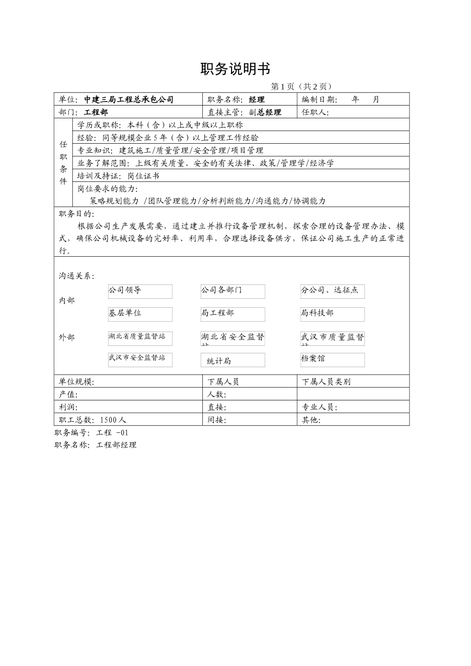 工程部岗位职务说明书_第1页