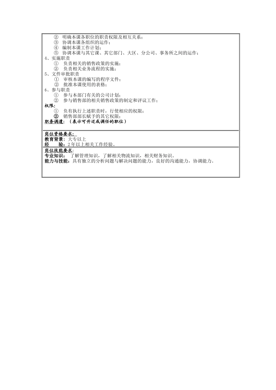 管理课课长岗位说明书_第2页