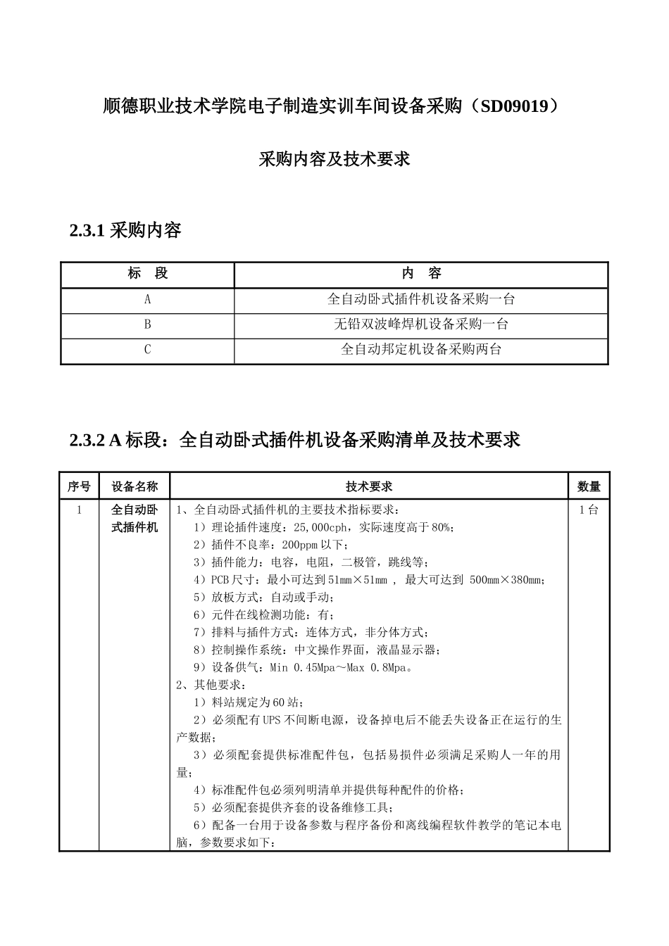 顺德职业技术学院电子制造实训车间设备采购(SD09019)_第1页