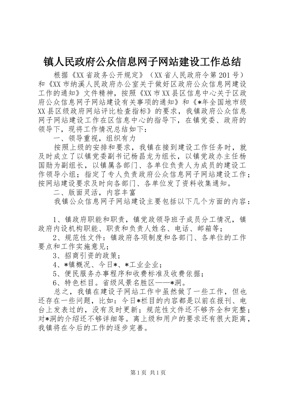 镇人民政府公众信息网子网站建设工作总结_第1页