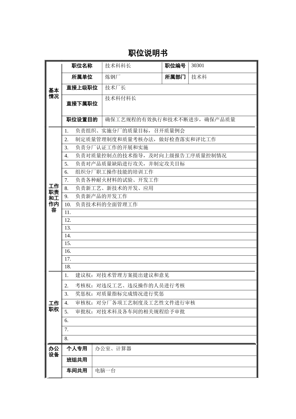 技术科科长职位说明书_第1页