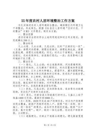 XX年度农村人居环境整治工作实施方案