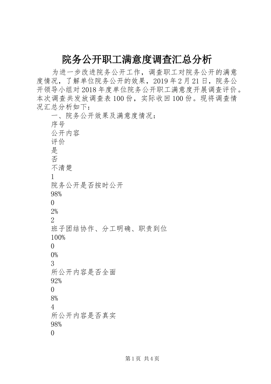 院务公开职工满意度调查汇总分析_第1页