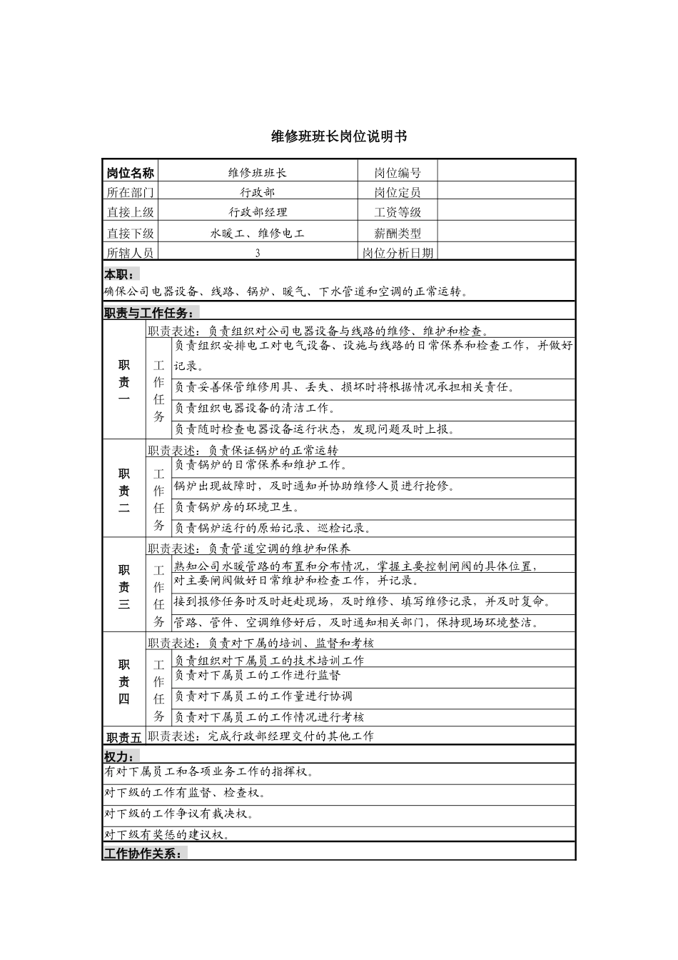 维修班班长岗位说明书_第1页