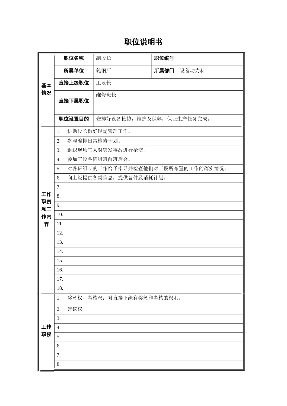轧钢厂设备动力科副段长岗位职位说明书_第1页