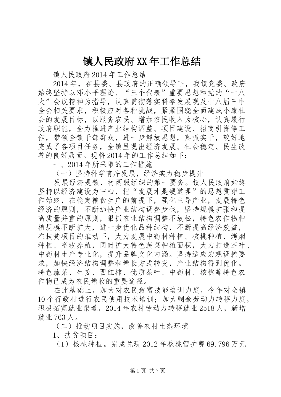 镇人民政府XX年工作总结_第1页