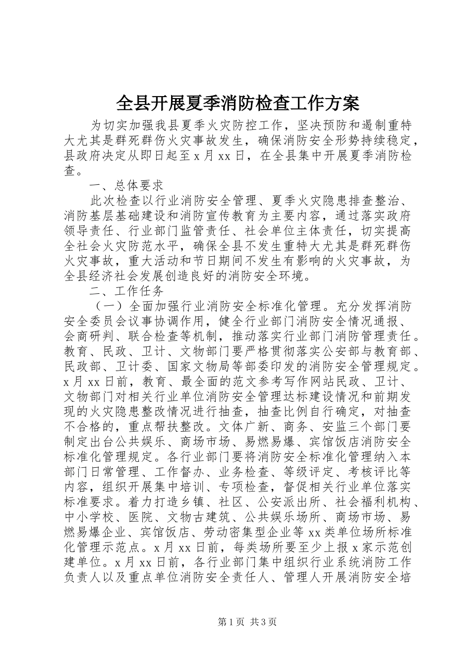 全县开展夏季消防检查工作实施方案_第1页