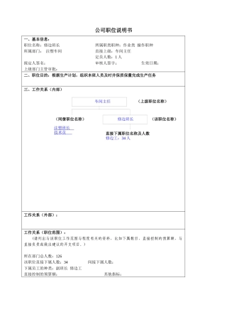 某大型汽车零部件公司注塑车间修边班长职位说明书
