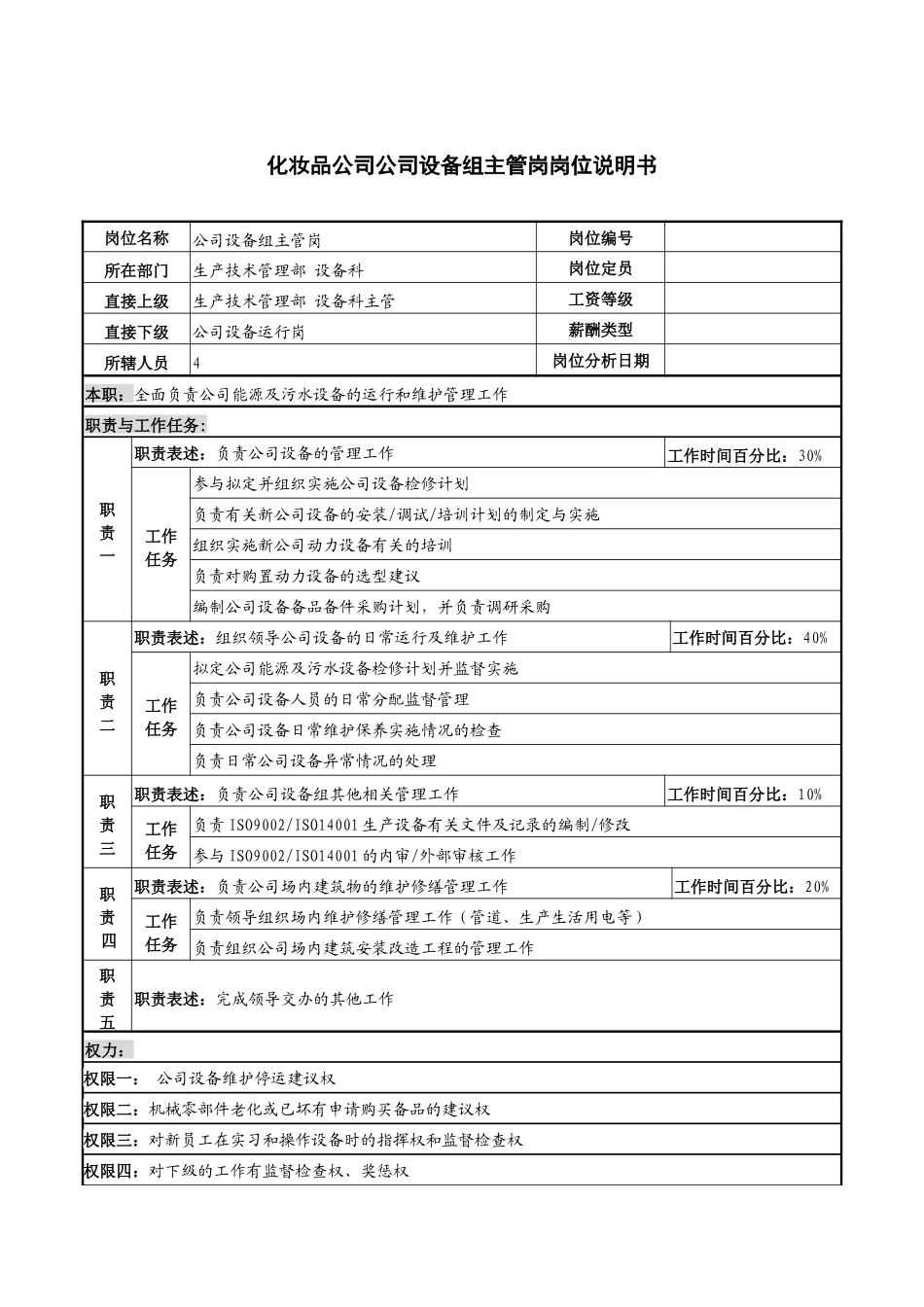 化妆品公司设备组主管岗岗位说明书._第1页