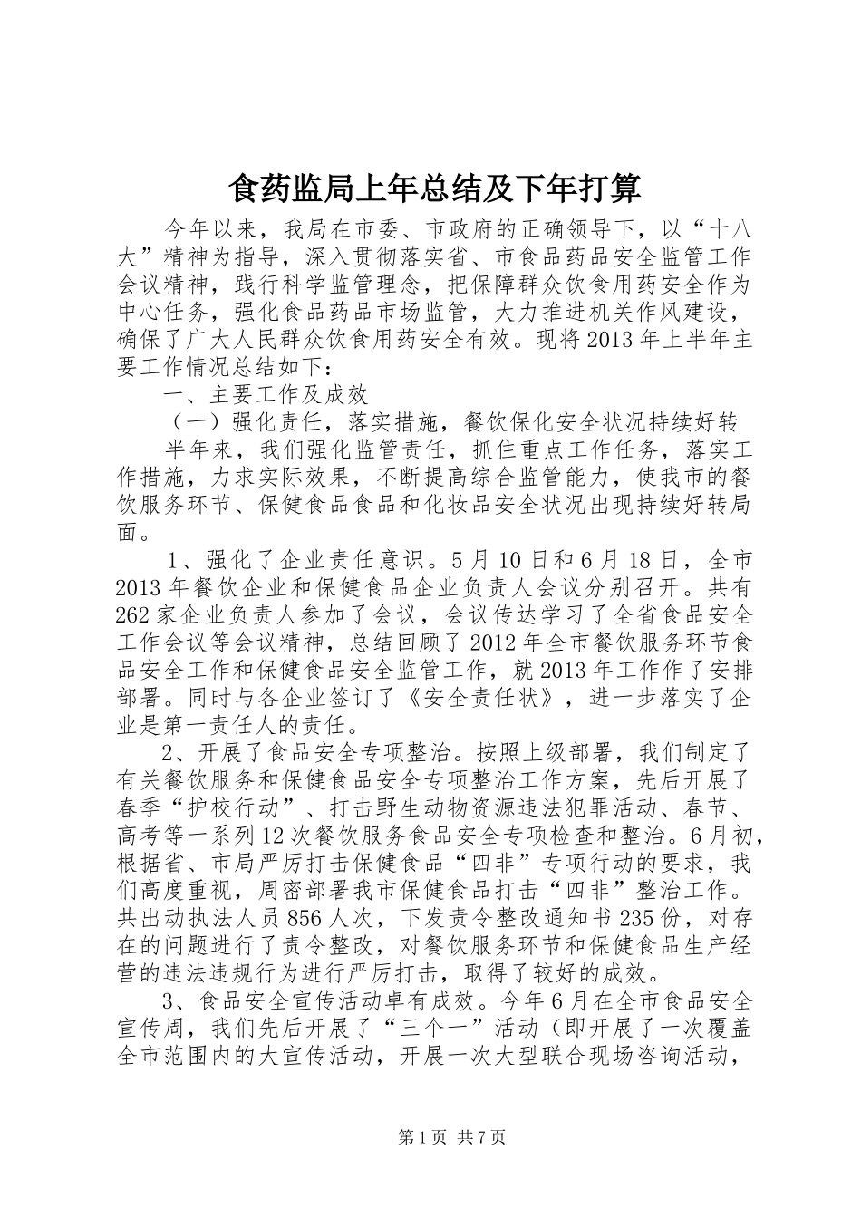 食药监局上年总结及下年打算_第1页