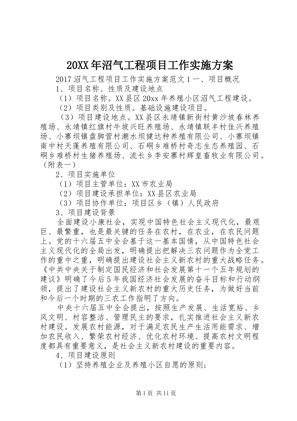 XX年沼气工程项目工作方案_第1页