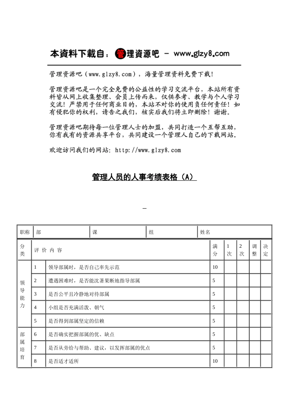 管理人员的人事考绩表格（A）_第1页