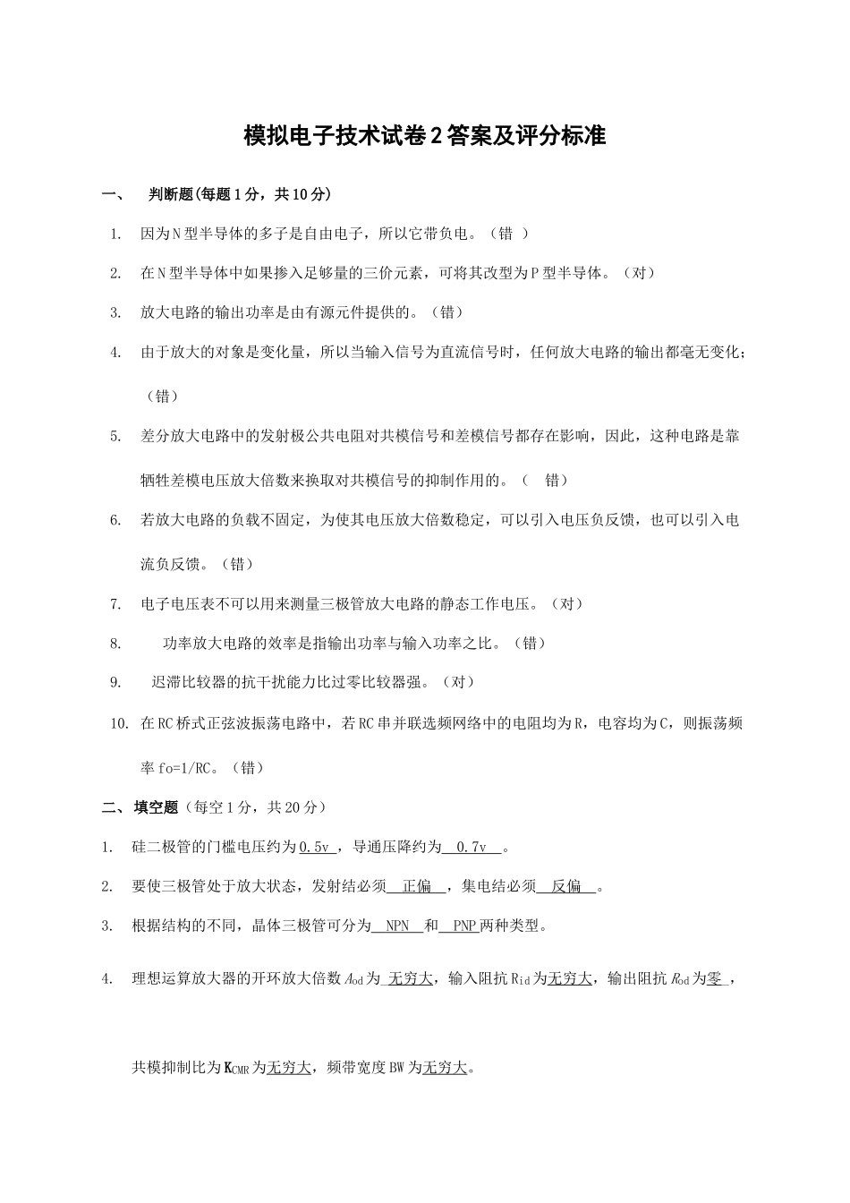 模拟电子技术试题2答案及评分标准_第1页