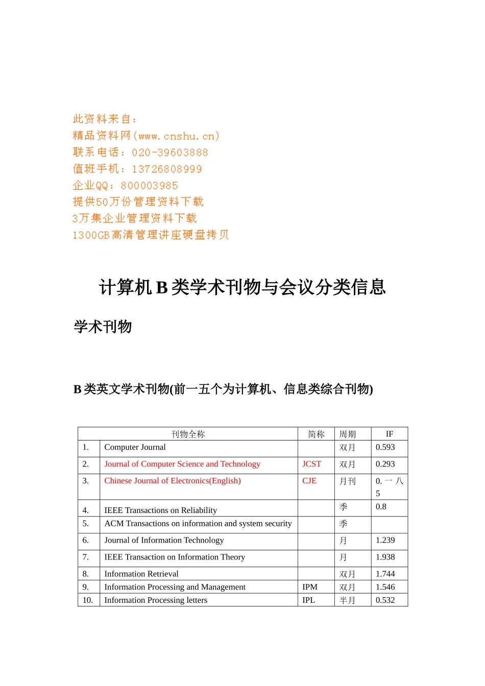 计算机B类学术刊物和会议分类信息_第1页