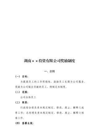 湖南某某投资公司奖励制度