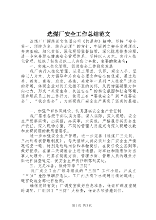 选煤厂安全工作总结范文