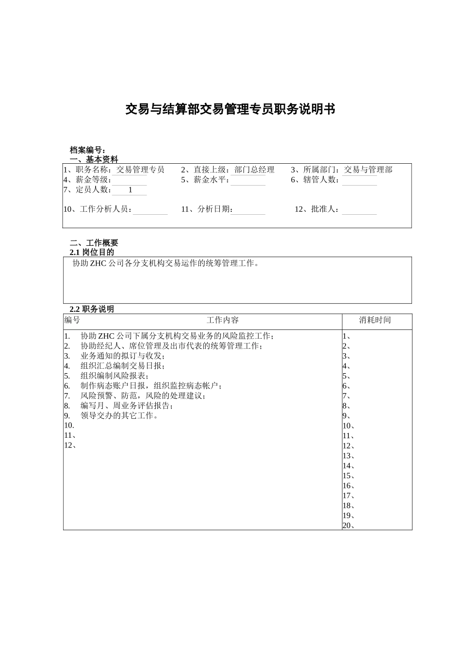 交易与结算部交易管理专员职务说明书_第1页