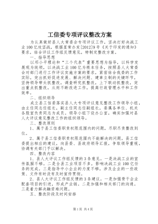 工信委专项评议整改实施方案