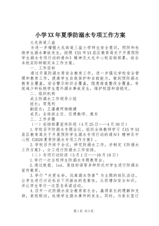 小学XX年夏季防溺水专项工作实施方案