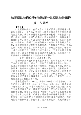 综采副队长岗位责任制综采一队副队长挂职锻炼工作总结