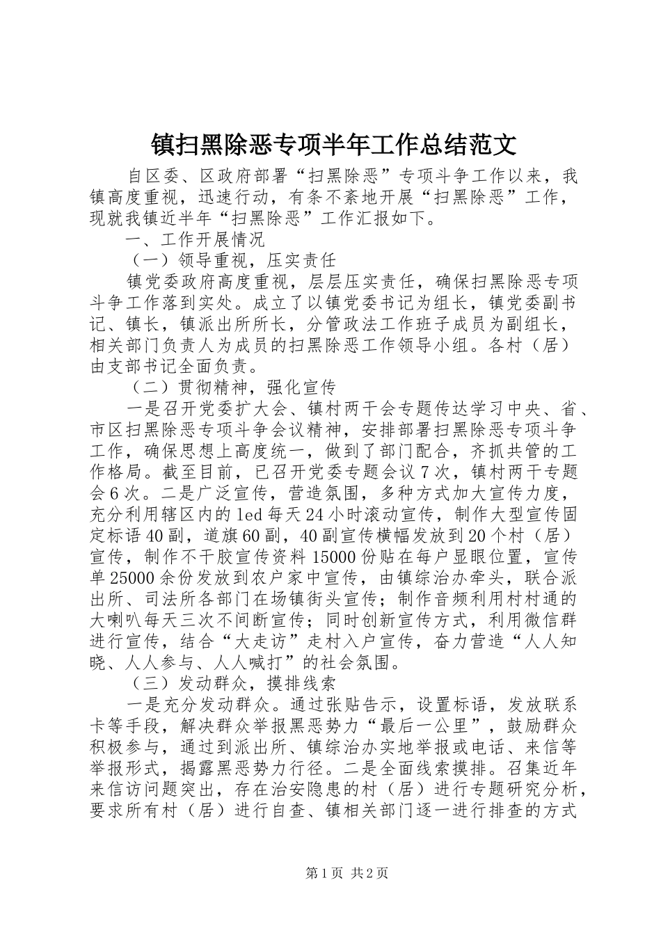 镇扫黑除恶专项半年工作总结范文_第1页