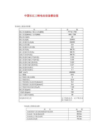 中国长江三峡电站设备额定值