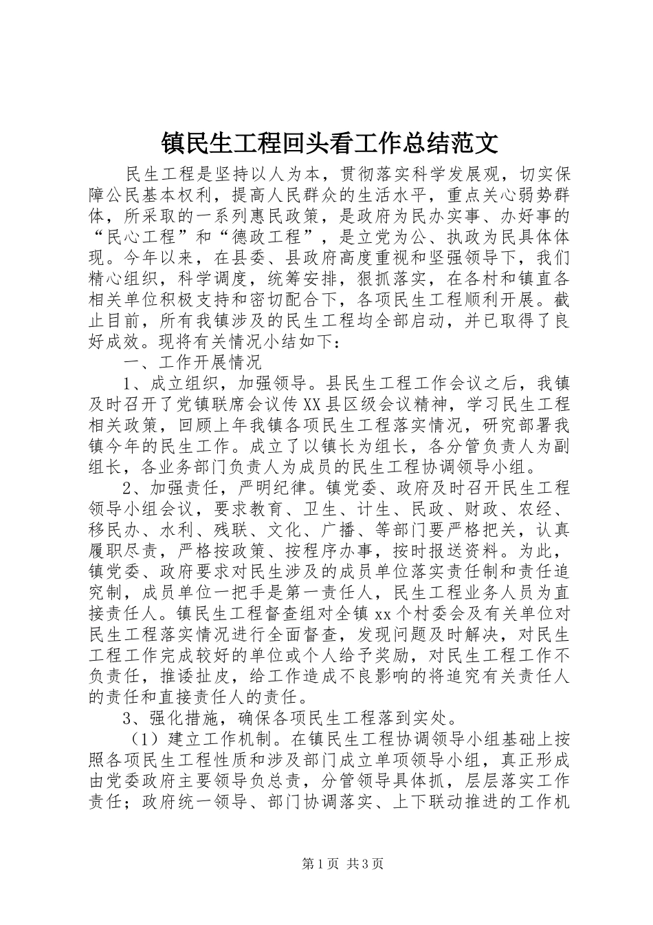 镇民生工程回头看工作总结范文_第1页