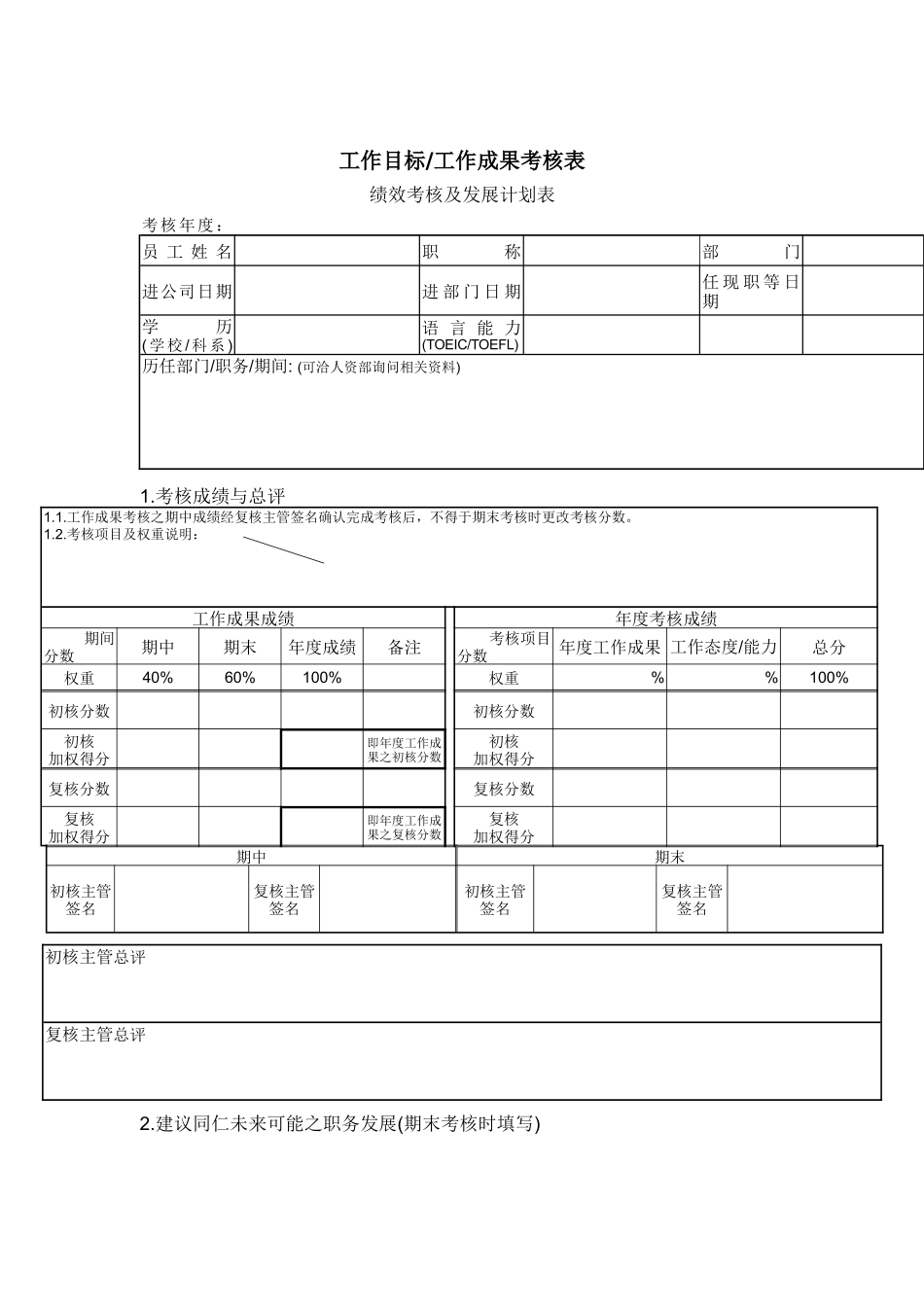 工作目标工作成果考核表_第1页