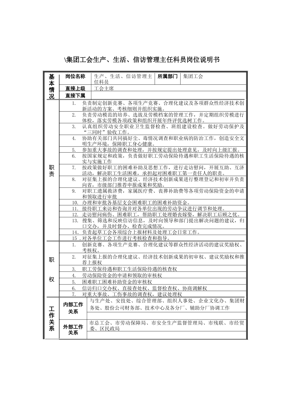 恒丰纸业集团工会生产&生活&信访管理主任科员岗位说明书_第1页