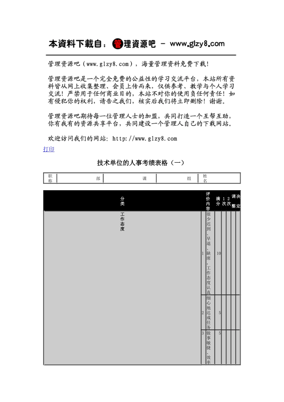 技术单位的人事考绩表格（一）_第1页