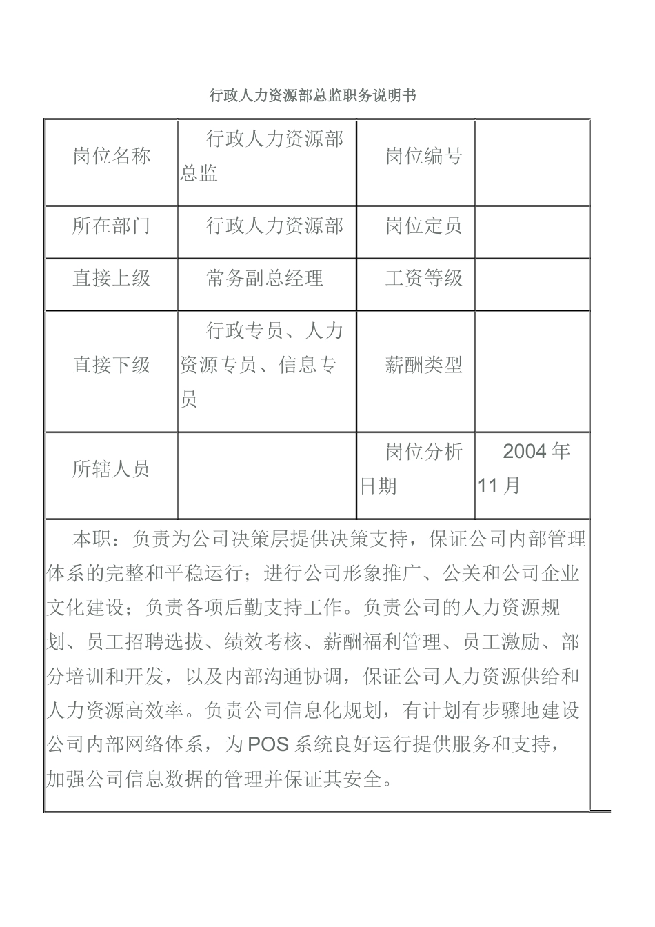 行政人力资源部总监职务说明书_第1页