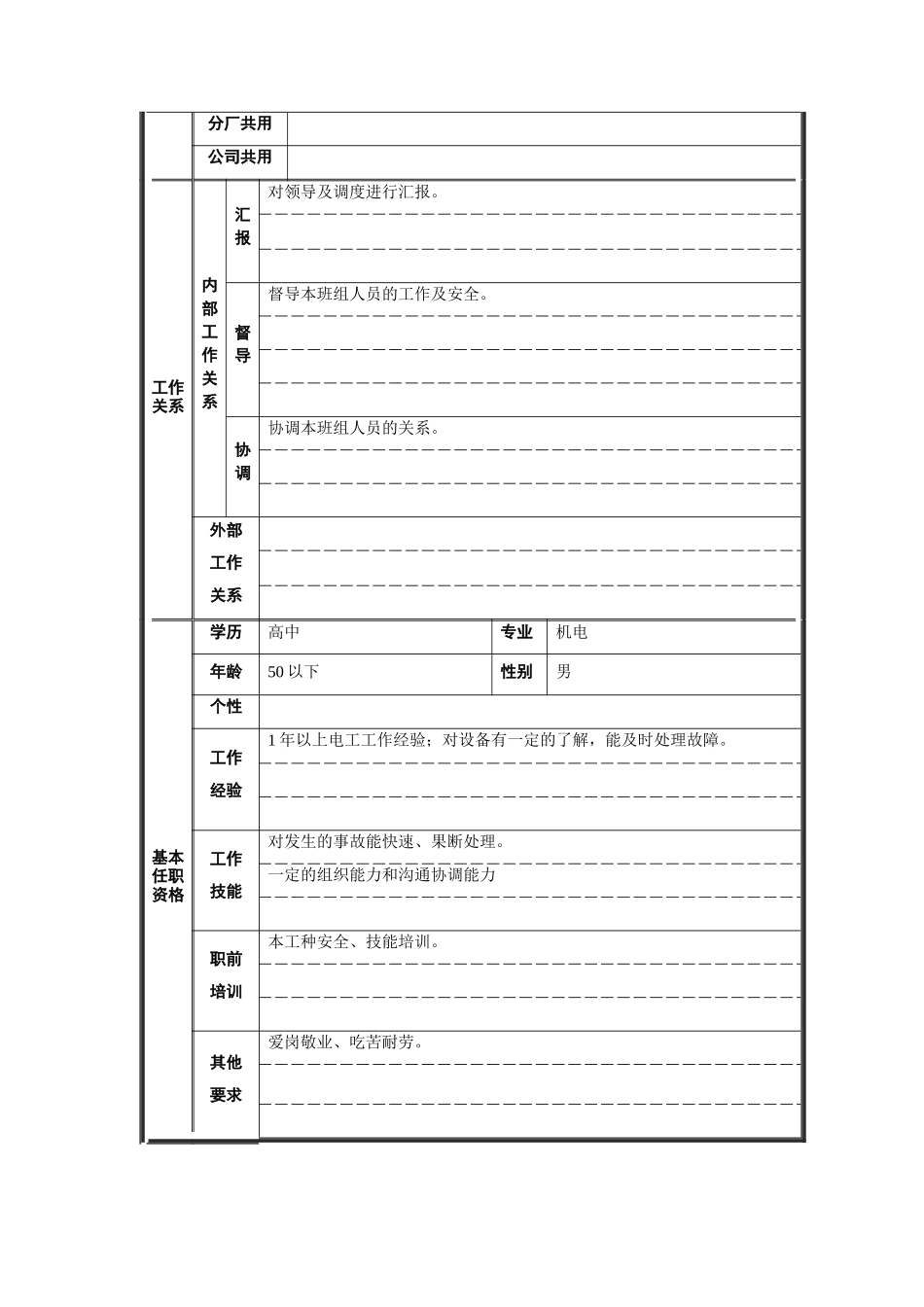 机电车间电工组长职位说明书_第2页