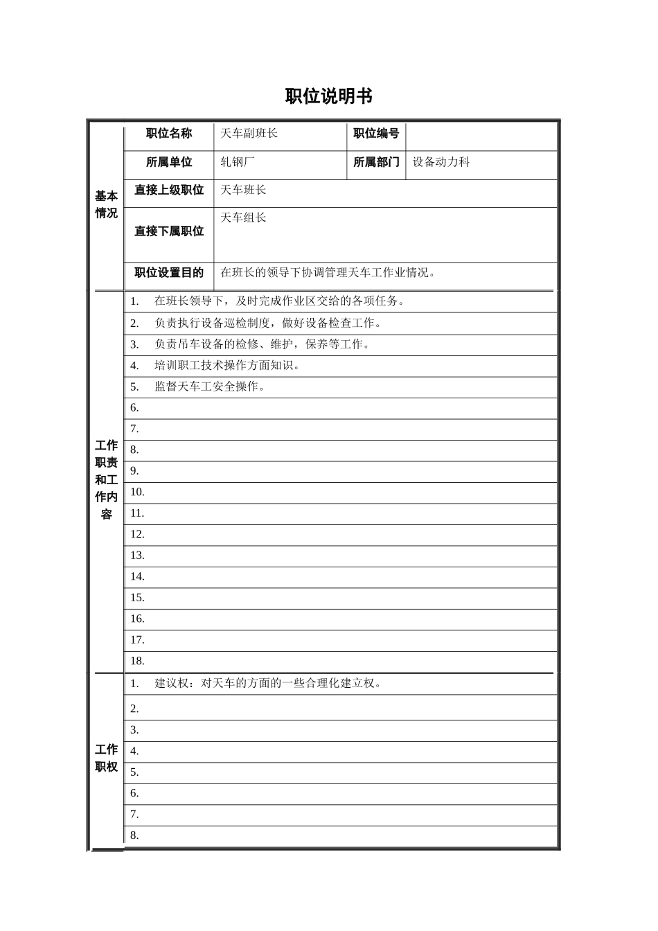 轧钢厂设备动力科天车副班长职责_第1页