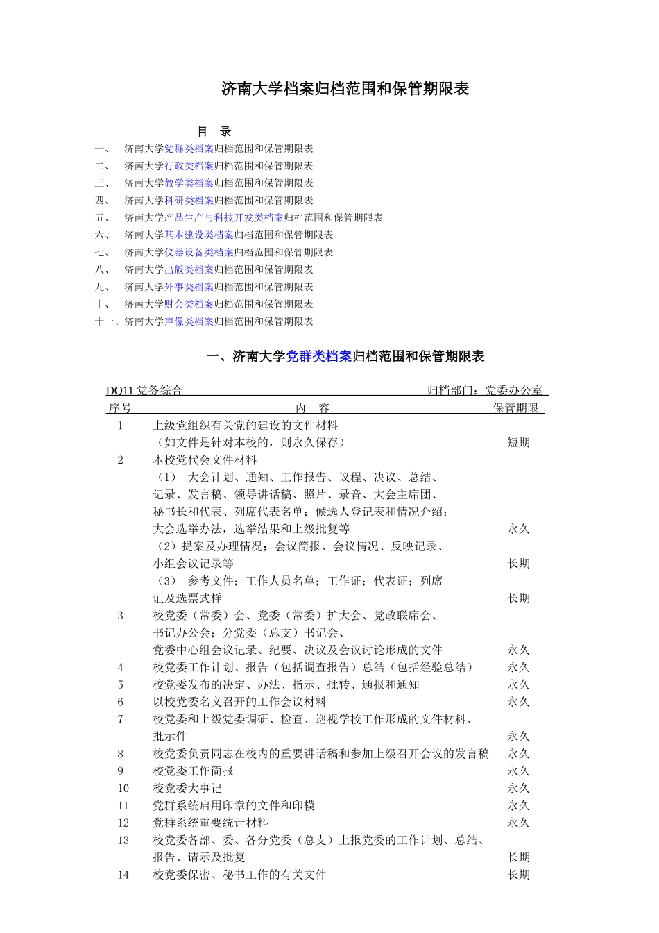 济南大学党群类档案归档范围和保管期限表_第1页