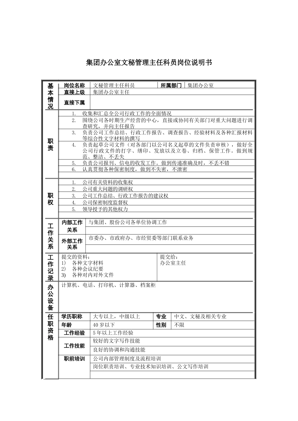 恒丰纸业集团办公室文秘管理主任科员岗位说明书_第1页