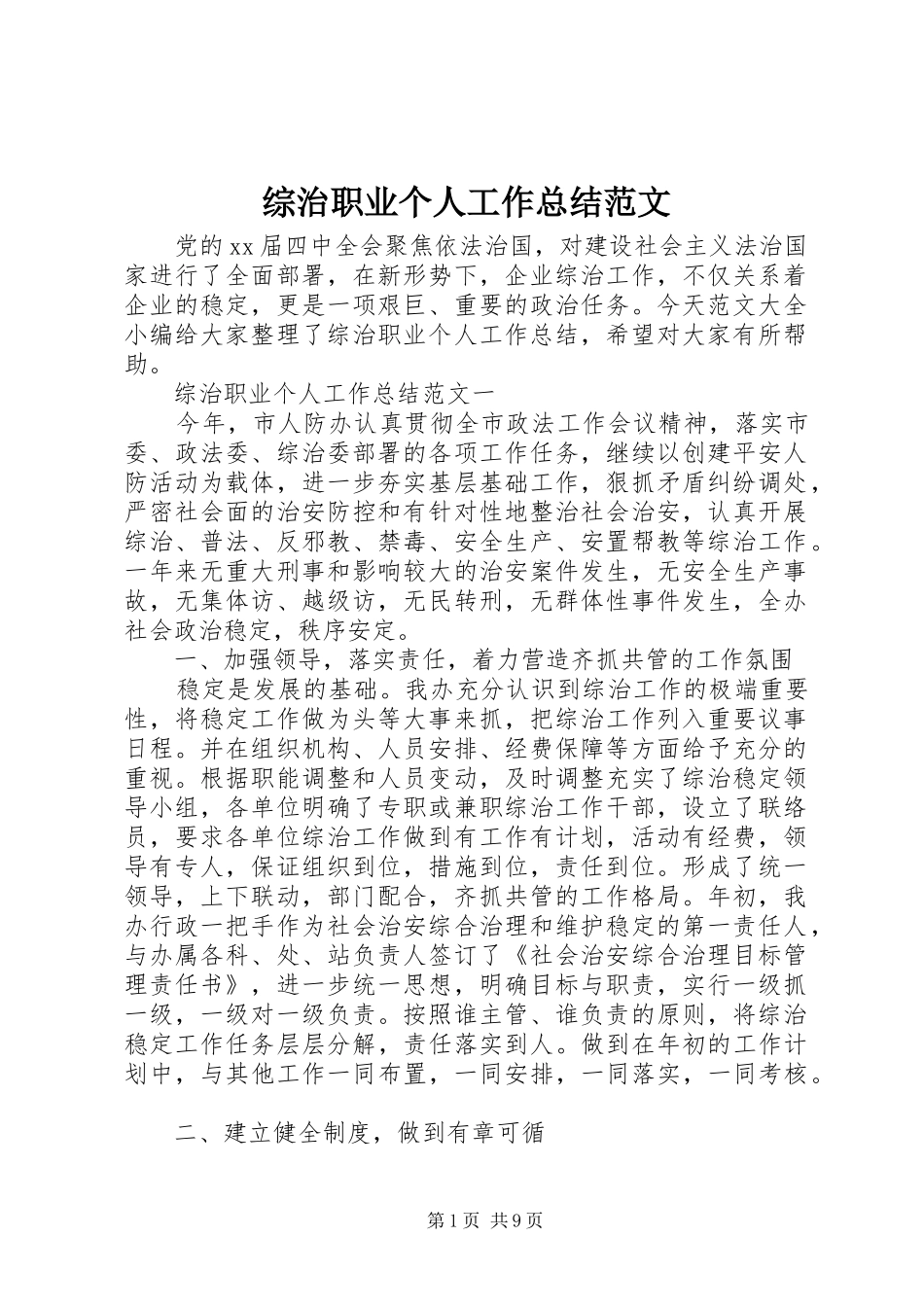 综治职业个人工作总结范文_第1页