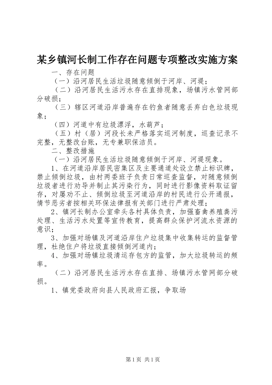 某乡镇河长制工作存在问题专项整改实施方案_第1页
