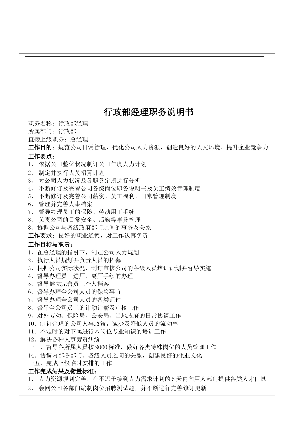 行政部经理职务说明书_第3页
