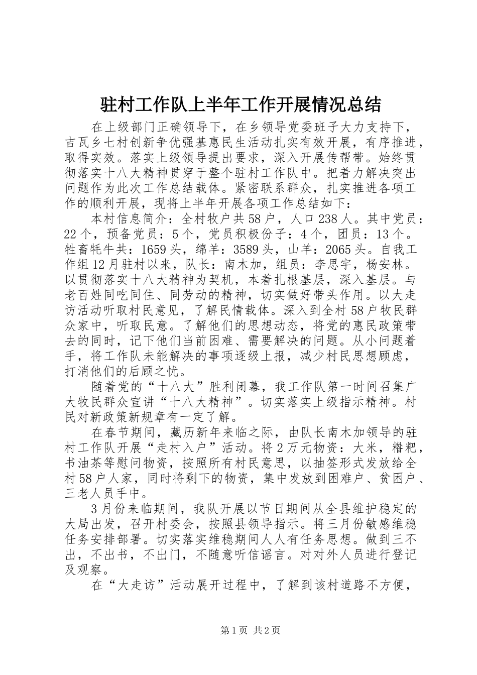 驻村工作队上半年工作开展情况总结_第1页