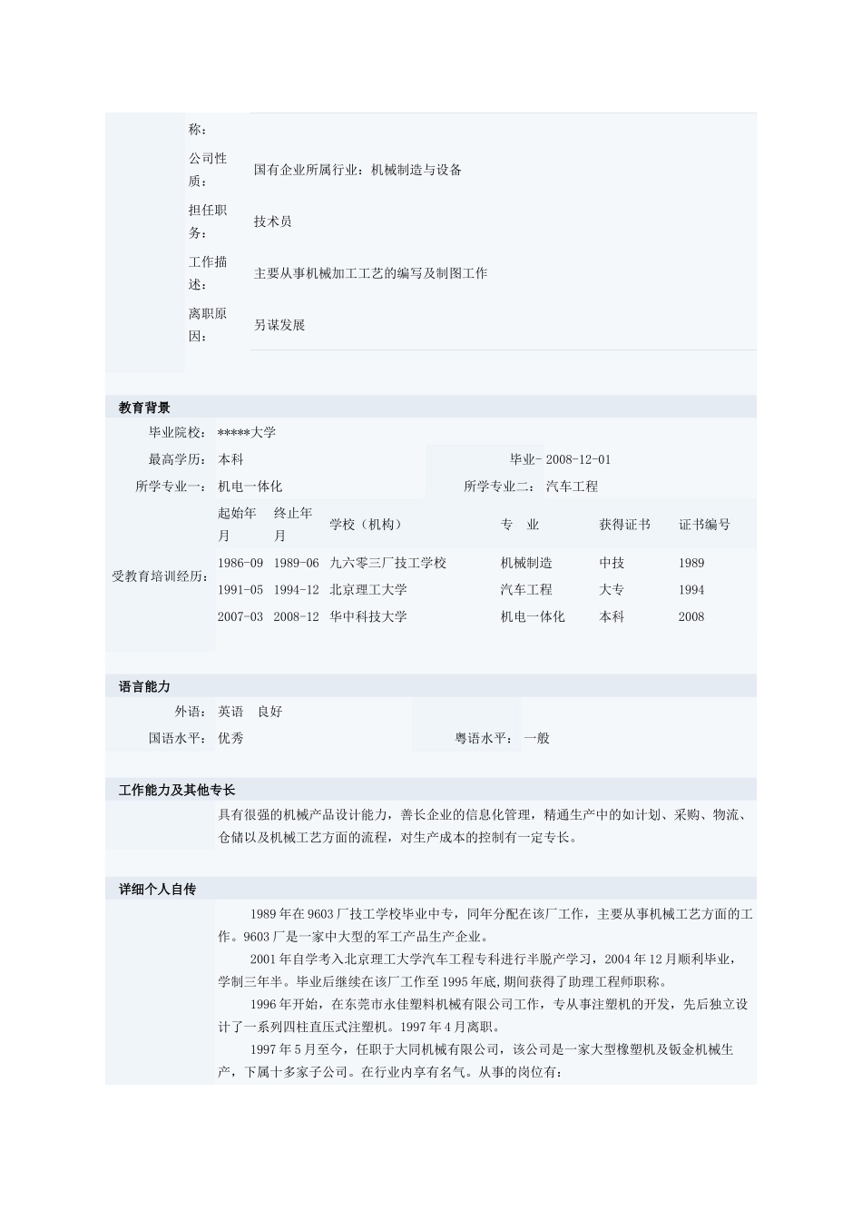 机电一体化专业个人简历表格_第2页
