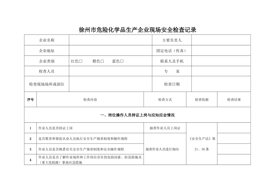 徐州市危险化学品生产企业现场安全检查记录_第1页