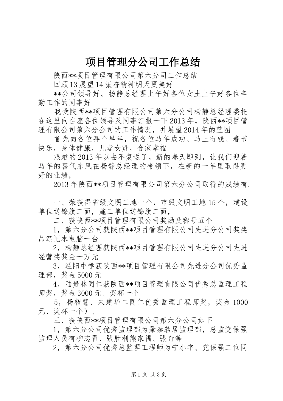 项目管理分公司工作总结_第1页