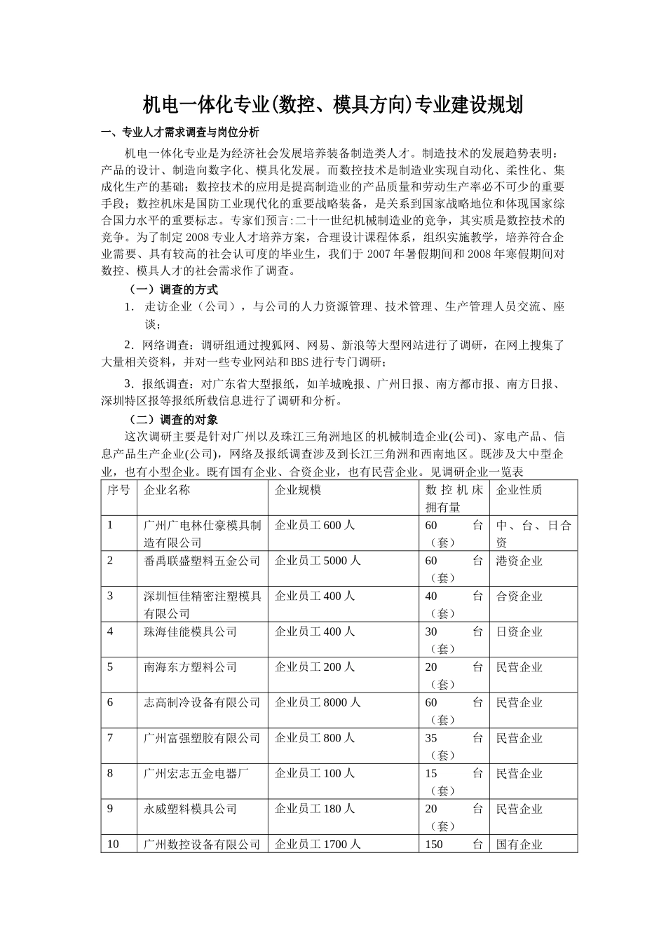 机电一体化专业建设规划-机电一体化专业人才需求调查_第1页
